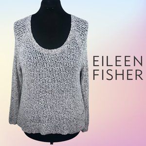 White/Gray Open Knit Scoop Neck Open Knit Cotton Pullover Sweater/Top Size LG